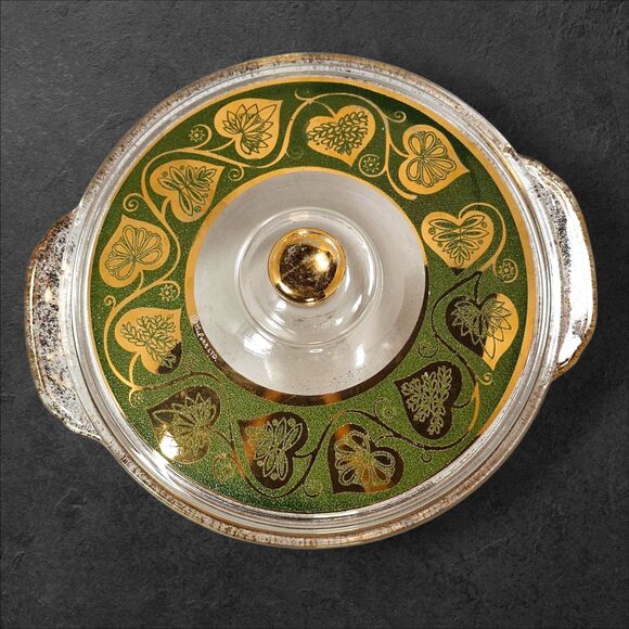 Vintage Fire-King 2 Qt Casserole w/ Culver Ltd 22K Gold & Green Lid Excellent - Picture 4 of 10